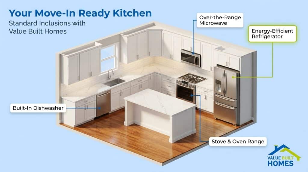 Modern kitchen featuring essential appliances included in new construction homes.
