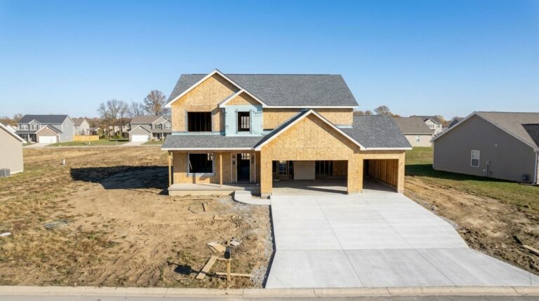 Modern home construction in a peaceful neighborhood with a spacious driveway.