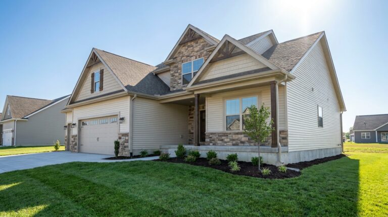 Modern home exterior with landscaping and driveway under a clear blue sky.