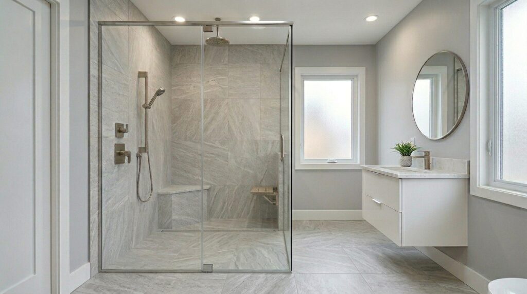 Sleek bathroom design featuring a zero entry shower and modern vanity.