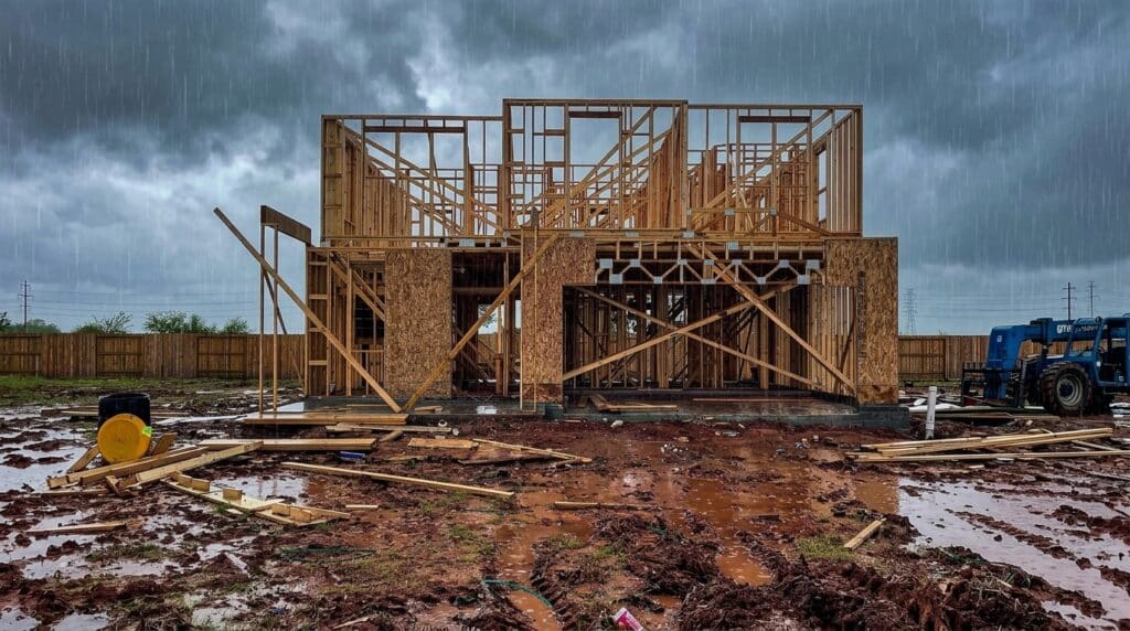 Progress on new home construction beneath stormy skies.