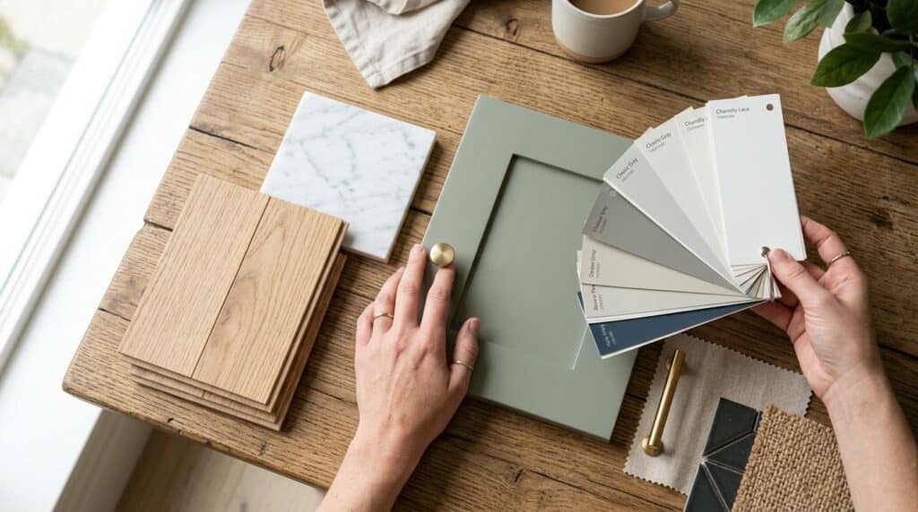 Color palette options displayed for home design with paint swatches and materials.
