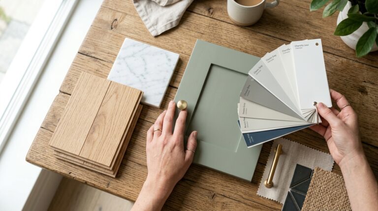 Color palette options displayed for home design with paint swatches and materials.