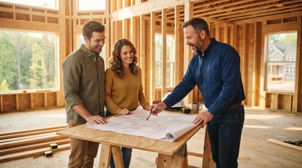 Reviewing construction plans with a consultant in a new home build.
