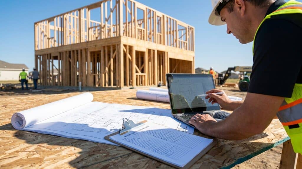Construction site planning with blueprints and digital tools for efficient project management.