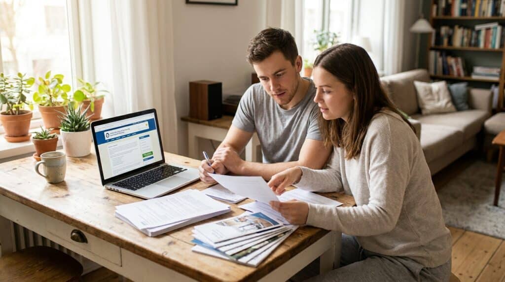 Couple collaborating on work from home with laptop and documents on a table.