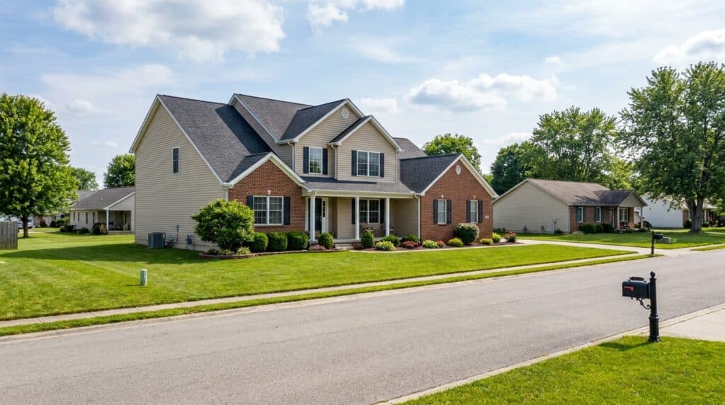 Charming suburban home with lush landscaping and a welcoming front porch.