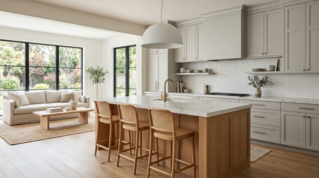 Stylish modern kitchen with natural light, elegant cabinetry, and a cozy lounge area.