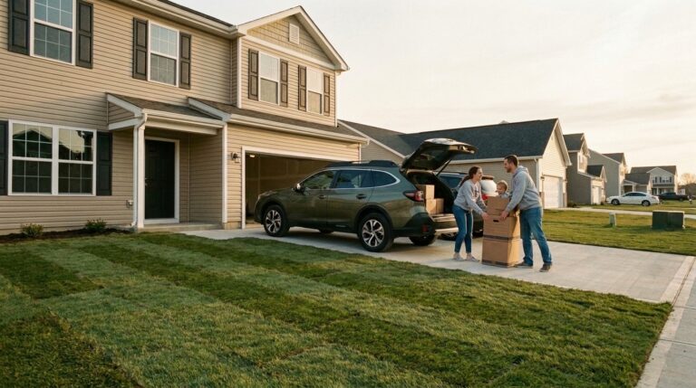 Family moving day with kids, carrying boxes to a new home.