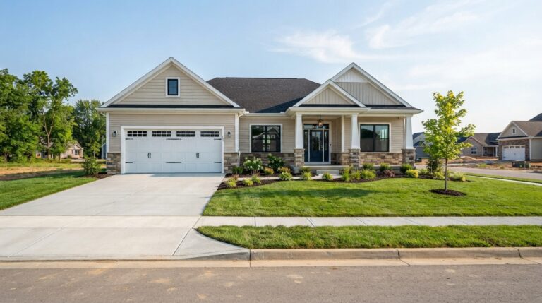 Modern suburban home with lush landscaping and a spacious driveway for easy parking.