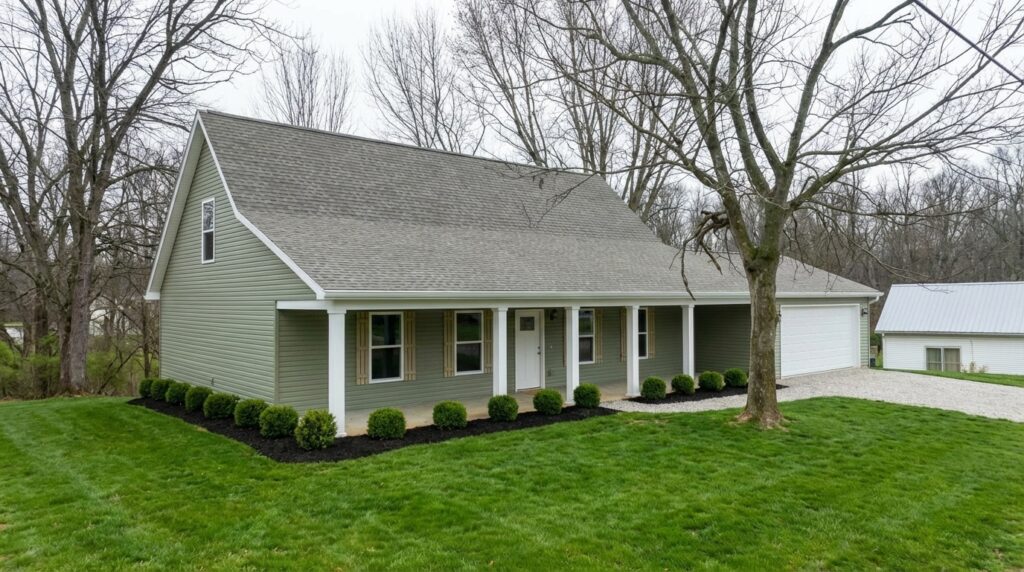 Charming new home exterior with lush greenery and modern design features.