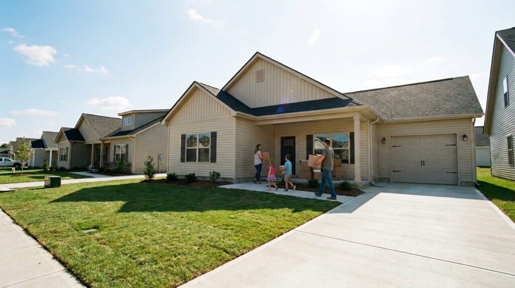 Family moving into a new home, carrying boxes on a sunny day.