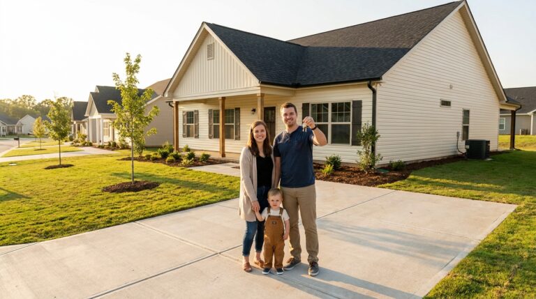 Happy family of new homeowners proudly holding keys outside their beautiful new house.