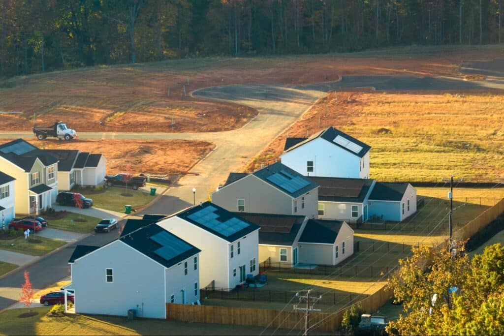 New homes in a new neighbohod promote sustainablility with solar power.