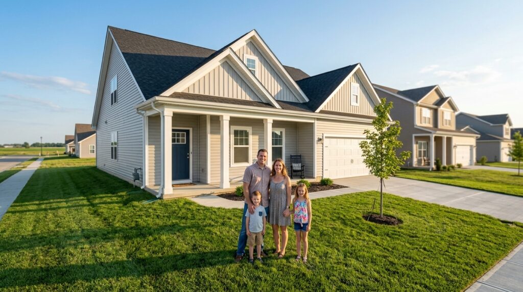Happy family portrait outside their beautiful home on a sunny day.