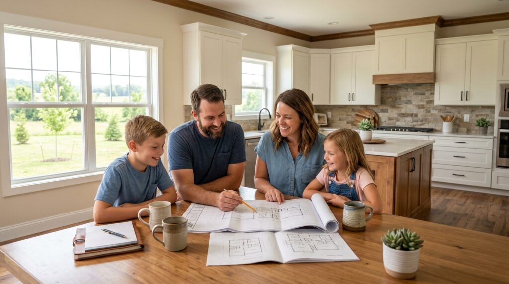 A family plans their dream home together at the dining table, enjoying quality time.
