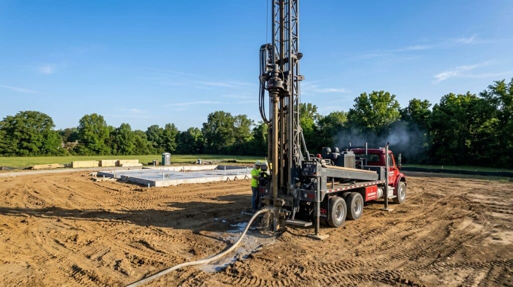 Construction site with a drilling rig preparing for foundation work in a rural area.