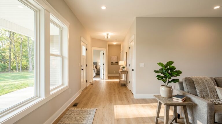 Stylish hallway decor ideas featuring natural light and cozy furniture accents.
