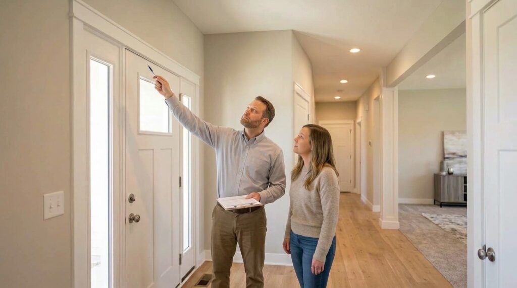Home inspector explaining details to a client during a home inspection in a modern entryway.