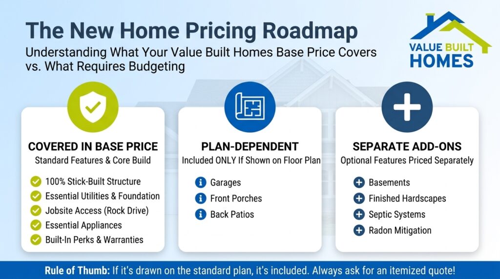 Home pricing overview for Value Built Homes includes base price details and optional add-ons.