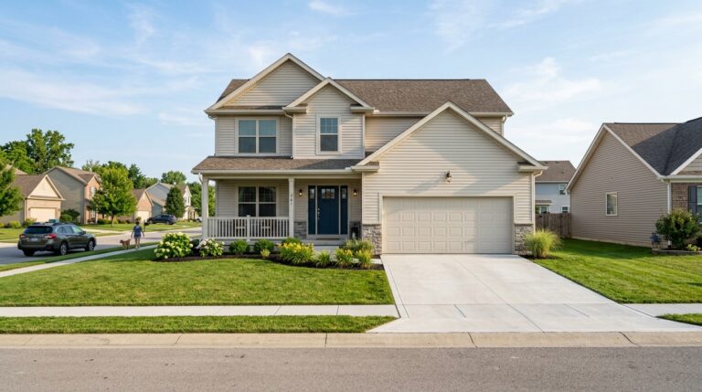 Beautiful house on a sunny day in a friendly neighborhood with lush landscaping.
