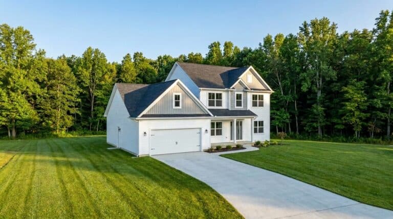 Modern family home surrounded by lush woods and a spacious lawn.