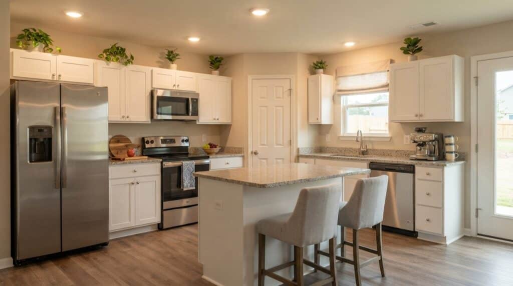Modern kitchen design featuring sleek appliances, granite countertops, and elegant cabinetry.