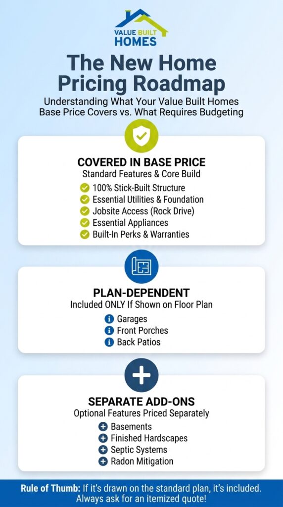 New home pricing roadmap outlining base price features and optional add-ons for Value Built Homes.