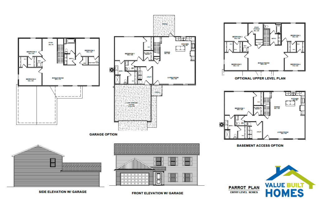 Parrot house plan layout with garage options and multiple floor designs.