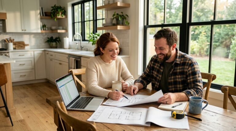 Couple discussing home renovation ideas with plans and a laptop on the table.