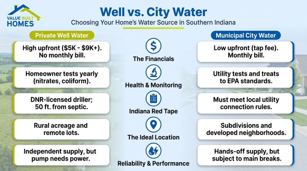 Compare private well and municipal city water options for your home in Southern Indiana.