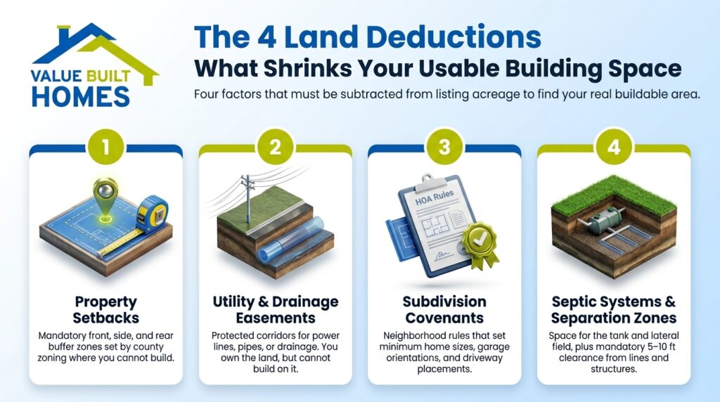 Understand land deductions for building a house and required setbacks and easements.