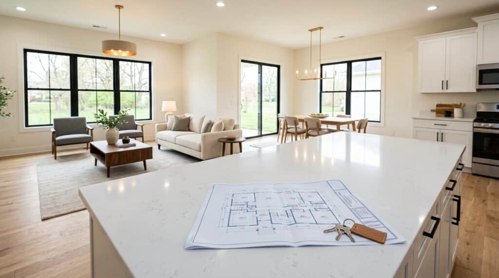 Modern living space design with a blueprint and keys on a kitchen island.