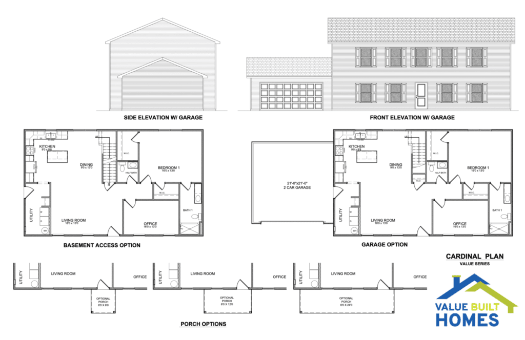 Cardinal house plan blueprint featuring garage, porch, and multiple living spaces.