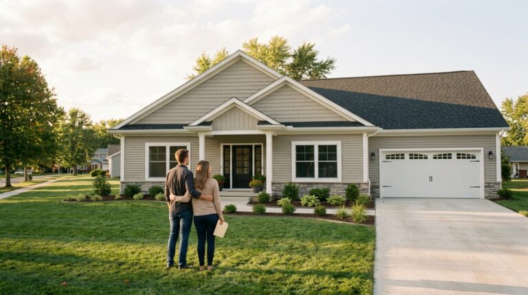 New homeowners stand proudly in front of their dream house on a sunny day.