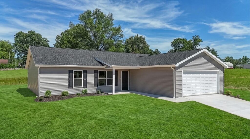 Modern home exterior with lush green lawn and stylish garage entrance.