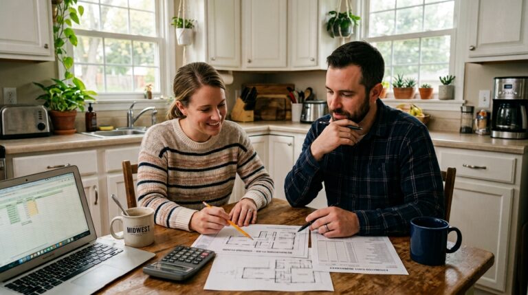 Couple collaborating on home layout plans at a kitchen table with coffee and laptop.