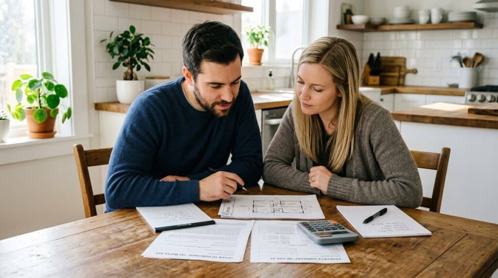 Couple discussing home renovation plans with blueprints and budget worksheets in a cozy kitchen.