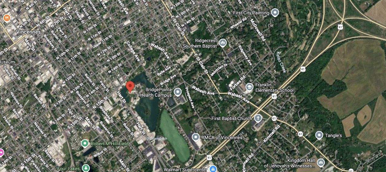 Satellite map of the Waterfront Villas location near Mirror Lake and Four Lakes in Vincennes, Indiana